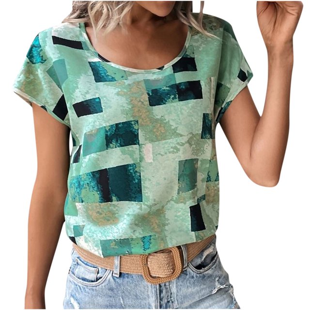PEZHADA Hauts pour Femmes, Hauts de Sortie pour Femmes, Hauts Grande Taille pour Femmes, T-Shirt Ample à Manches Courtes Imprimé Col Rond Vert TTG