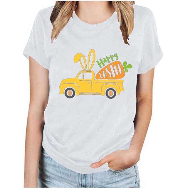 RKSTN Hauts Grande Taille pour Femmes 2024 Mode d'Été Col Rond T-shirt à Manches Courtes Décontracté Ample Blouse Imprimée Graphique de Voiture de Pâques Hauts