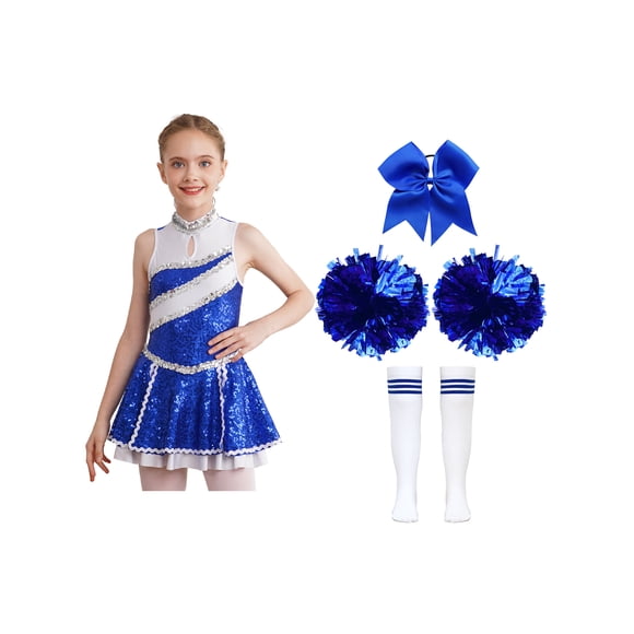 Yruioon Kids Girls Cheer Leader Costume Sequins Cheerleading Dress with Pom Poms Headwear Socks for Halloween Sport Games A Blue 8