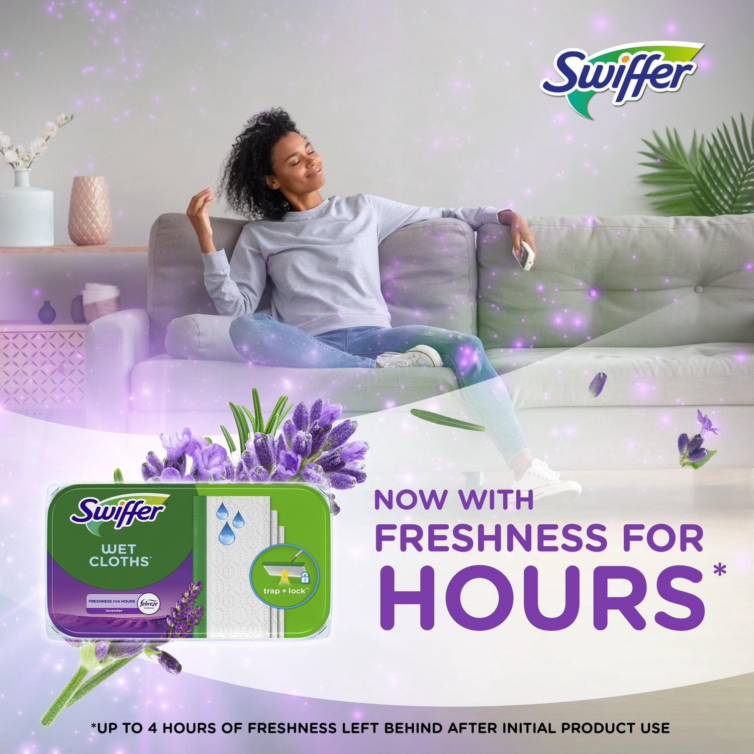 Swiffer Balayer + Passer la Vadrouille, Recharges de Linges Humides, Nettoyant pour Planchers, Chiffons de Nettoyage, Lavande, 12 Unités