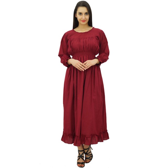 Bimba Robe Maxi Longue Décontractée en Coton pour Femme à Taille Smockée