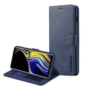 Samsung Galaxy Note 9 Bleu Marine Véritable SupRShield Portefeuille en Cuir à Rabat Support Étui Magnétique