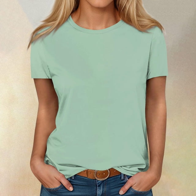 AherBiu Plus Size Womens T Shirts Crew Neck Loose Fitting Tshirts Casual Short Sleeve Solid Color Basic Tees