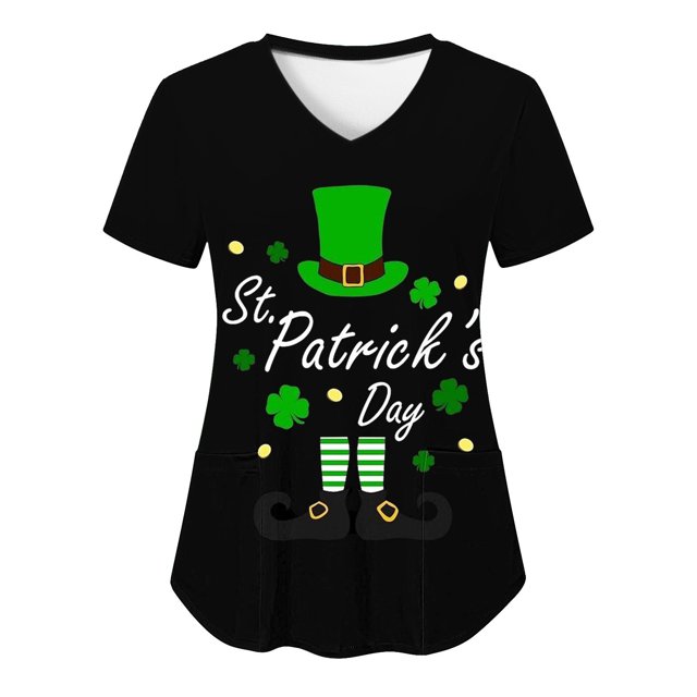 Birdeem Mode Saint-Patrick Femmes Col en V Décontracté Manches Courtes Poches Imprimées Hauts Blouse