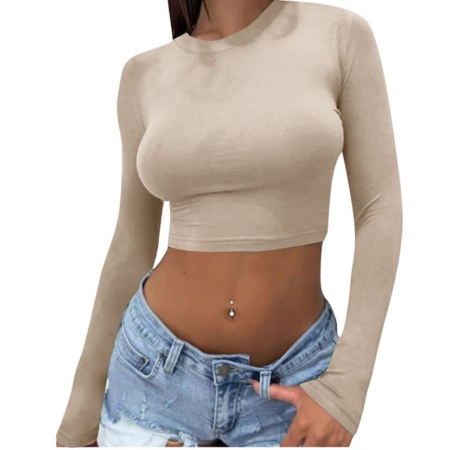 Yuyuzo Hauts de Sortie pour Femmes Chandails à Manches Longues Col Rond Crop Top Décontracté Ajusté T-Shirts Basiques