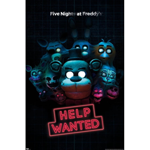 Five Nights at Freddy's - Affiche Murale Help Wanted, 22,375 Po x 34 Po Montrant une Vue avant Centrée de Personnages Animatroniques aux Yeux Blancs Lumineux, Incluant un Ours avec un Haut-de-Forme, un Lapin, un Poulet et d'Autres Visages Inquiétants sur un Fond à Grille Sombre avec un Panneau Néon Rouge « Help Wanted » en Dessous, Idéal pour la Décoration Murale de Chambre Ou de Bureau.