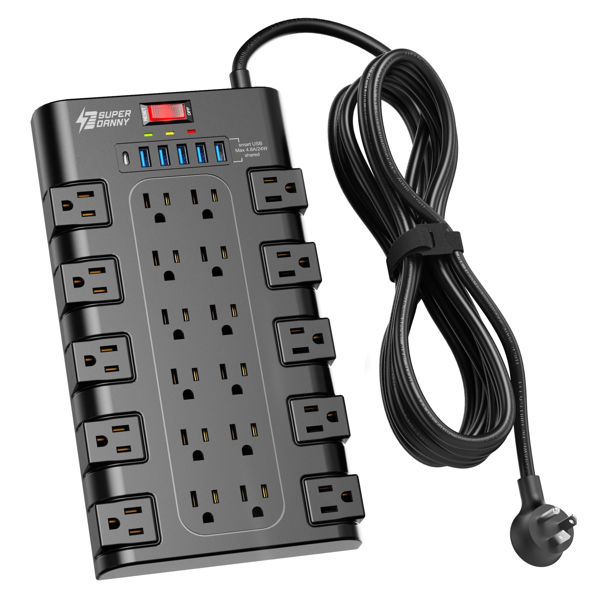Power Strip Surge Protector, SUPERDANNY 15Ft Long Extension Cord with 6 USB Charging Ports and 22 AC Outlets, 1875W/15A, 2100 Joules, Flat Plug Power Outlet for Home, Of