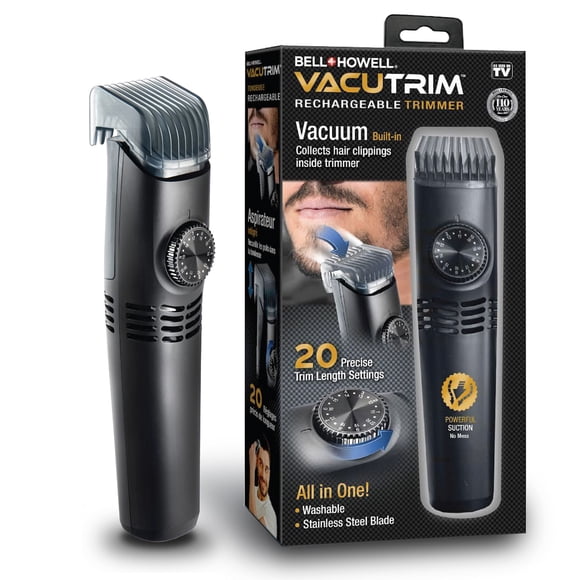 Vacutrim Cordless Mens Beard Trimmer, Rechargeable Electric Shaver with 20 Trim Setting Calibration Dial and Built-in Vacuum for Mustache, Sideburns. Facial Hair, Black, 7.5", As Seen On TV