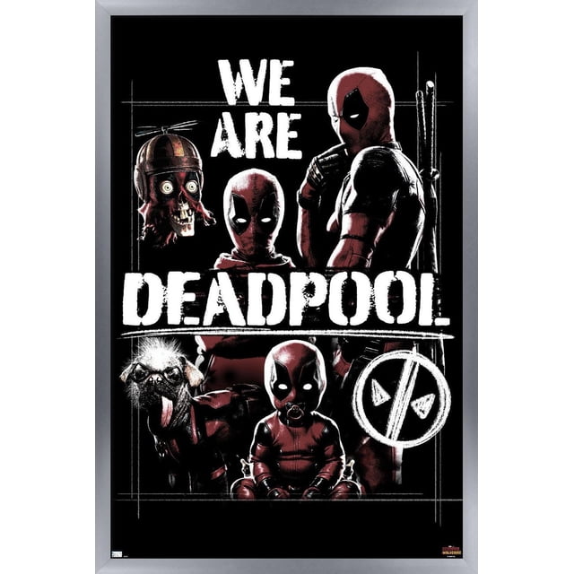 Marvel Deadpool & Wolverine - Affiche Murale « We Are Deadpool » avec Cadre Magnétique, 22,375 Po x 34 Po Présentant une Oeuvre Brillante et Haute Résolution de Deadpool sous Diverses Formes, Incluant une pose Debout avec des Épées, un Bébé Deadpool avec une Suce, un Chien Portant des Lunettes et un Crâne avec un Casque à Hélice, sur Fond Noir avec Texte Blanc Audacieux « We Are Deadpool » pour une Déco Murale Frappante.