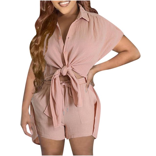 Birdeem 2Pc Fashion Woman Solid Short Sleeve Cardigan Blouse Tops +Loose Pockets Pants Short Sets