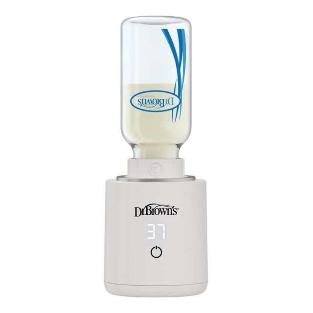Dr. Brown's Travel Bottle Warmer with an inverted clear baby bottle filled with milk and brand logo, resting on a white compact base with an LED display showing 37°C and a power button, designed for portable, accurate warming with multiple temperature settings for on-the-go bottle feeding.