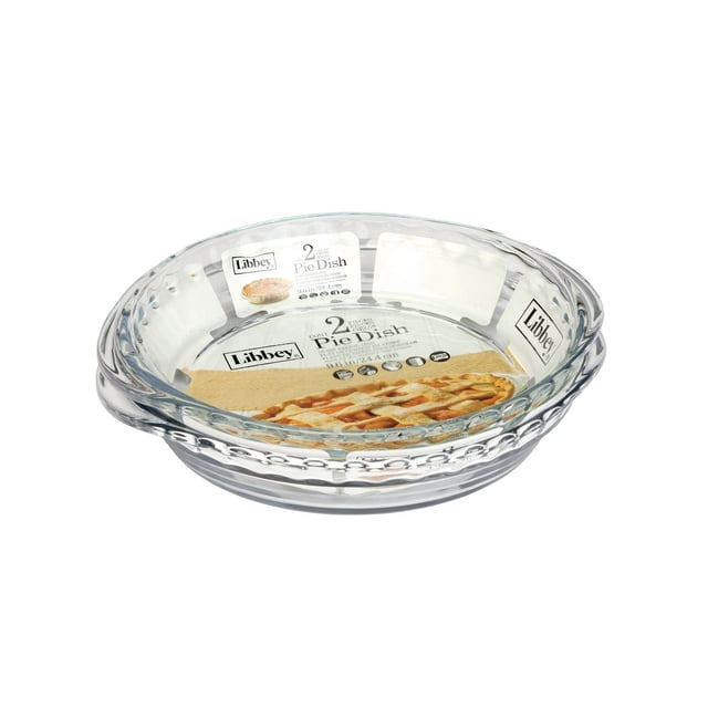 Libbey Glass Deep Pie Plate 2 Pc set includes two clear glass pie dishes, each 9.5 inches in diameter with deep sides and large handles for easy handling, suitable for baking pies and tarts in kitchen bakeware.