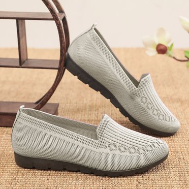 XIMIN Women's Knitted Flat Simple Solid Color Slip On Shoes Round Toe Lightweight Comfortable Loafers Footwear Casual Breathable Mesh Walking Shoes