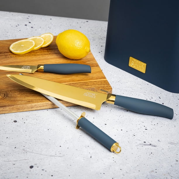 Thyme & Table 7-Piece Slim Block Knife Set with Gold Blades and