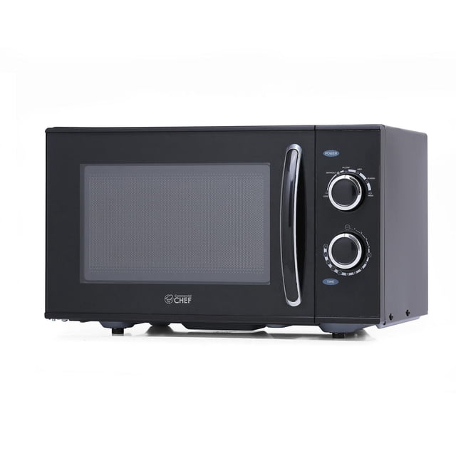 Commercial Chef 0.9 Cubic Foot Countertop Microwave in black with a compact rectangular design, featuring a front windowed door with a curved silver handle and two rotary dials for power levels and timer. Suitable for small kitchens, it offers six power settings and a 30-minute timer for versatile cooking and reheating.