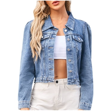 FAIWAD Veste en Jean en Denim Courte à Boutons pour Femme à Manches Longues, Revers, Ourlet Élastique, Jeans à Lacets, Vêtement d'Extérieur
