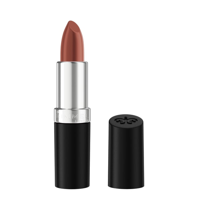 Rimmel Lasting Finish Satin Lipstick in a nude shade with a satin finish, displayed in a black matte tube with a silver band engraved with the brand name, cap removed and placed beside it on a white background, ideal for all-day hydration and buildable colour.
