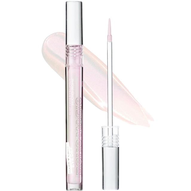 Hard Candy EYE DEF Multi-Chrome Liquid Eyeliner in Boho Magic shade with a clear cylindrical tube and silver cap, featuring a fine-tip brush applicator and a pink to peach iridescent holographic color swatch behind it, smudge-proof and long-lasting formula ideal for vibrant eye makeup looks.