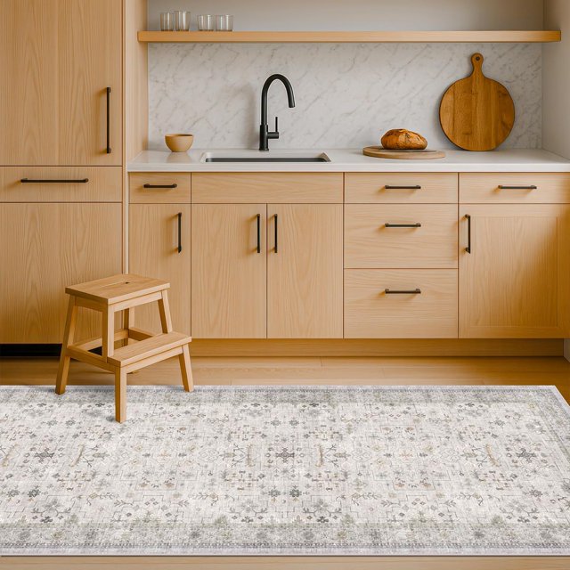 Hazo Haus Light Gray Washable 2'6"x8' Wide Hallway Runners, Kitchen Runner Rug, Non-Slip & Stain Resistant Long Floor Rug, Neutral Boho Floral Décor