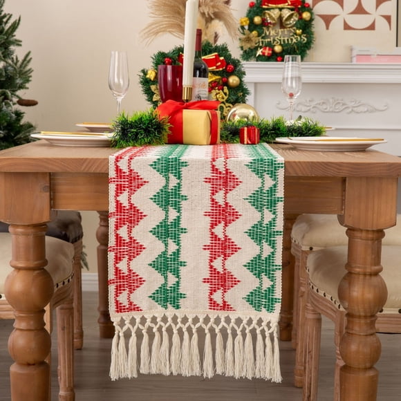 Iumwxz Extra Long Cotton Table Flag with Knotted Tassels Red and Green Two Tone Color Blocked Woven Design 33x180cm 13x70.86in Washable Tablecloth for Holiday Decorations and Special Events