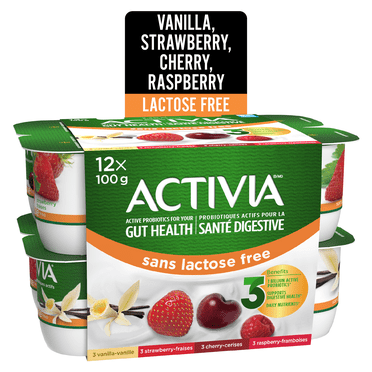 Activia Yogourt Probiotique, Sans Lactose, Vanille/framboise/cerise/fraise, 12x100g