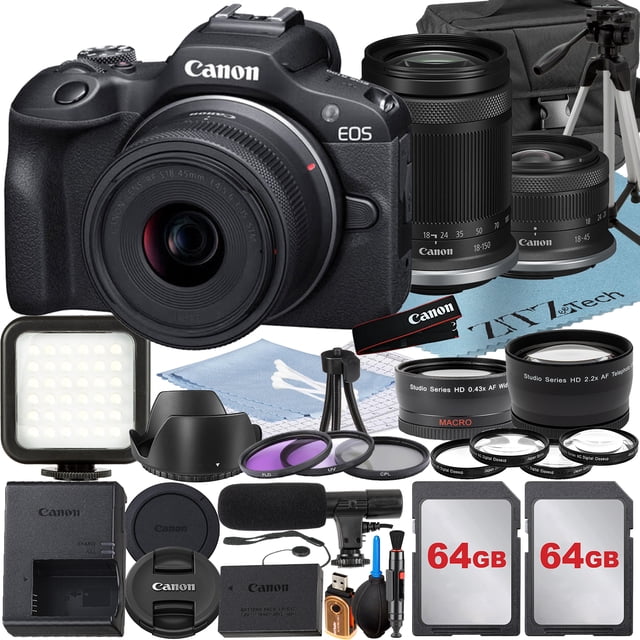 Canon EOS R100 Mirrorless Camera with RF-S 18-45mm + 18-150mm Lens + 2 Pack 64GB Memory Card + Case + ZeeTech Accessory