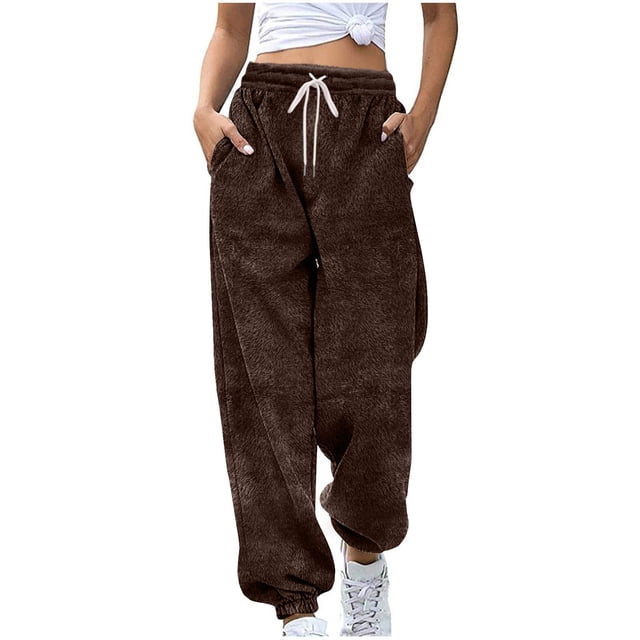 BLVB Womens Winter Fleece Sweatpants Drawstring Waist Joggers Pants Thick Thermal Comfy Lounge Trousers with Pockets