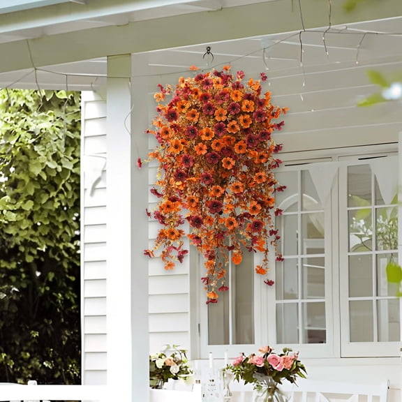 HHBEAUTY Fall Artificial Fake Mums Hanging Flowers Plants Basket for Outdoor Autumn Decoration, Fake Silk Orange Planters UV Resistant Look Real for Home Patio Balcony Yard Porch Decor