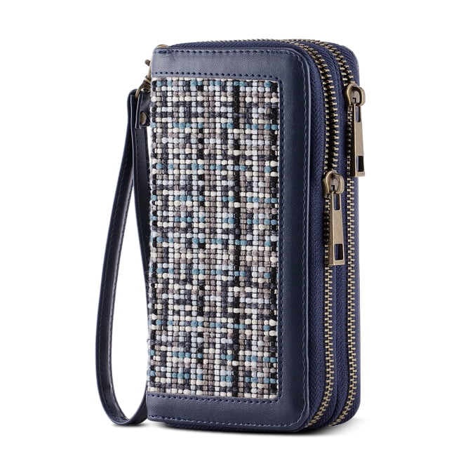 Womens Double Zipper Wallet Clutch Purse Cellphone Long Wallet with Removable Wristlet