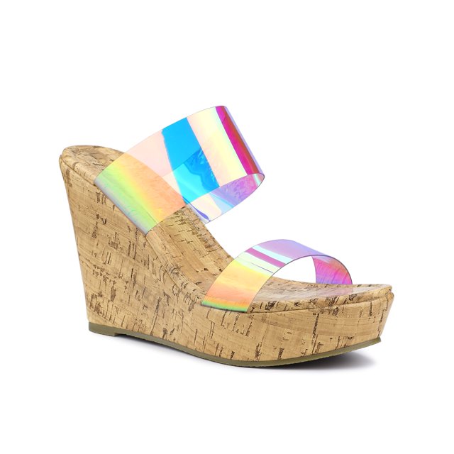 BLISSFUL STEP Women's Shoes Platform Clear Straps Wedge Heel Sandals Colorful 9