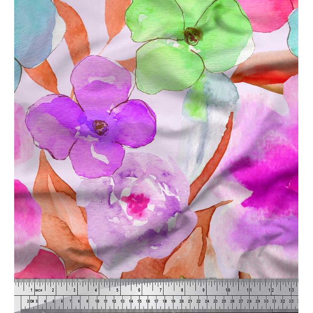 Soimoi Modal Satin Fabric Flower Watercolor Print Fabric by the Yard 42 Inch Wide