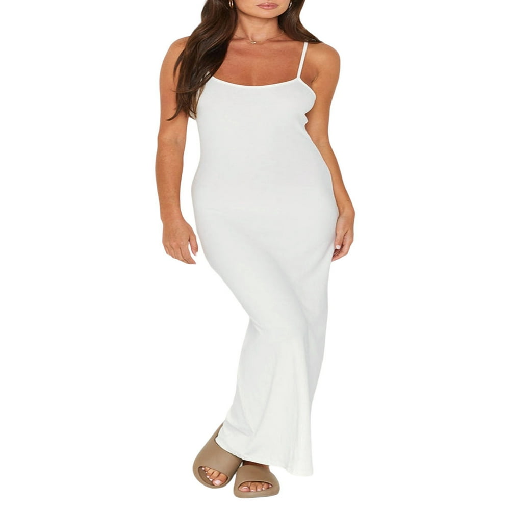 Women‘s Spaghetti Straps Slim Fit Tank Dress Summer Ribbed Sleeveless Bodycon Long Cami Dress