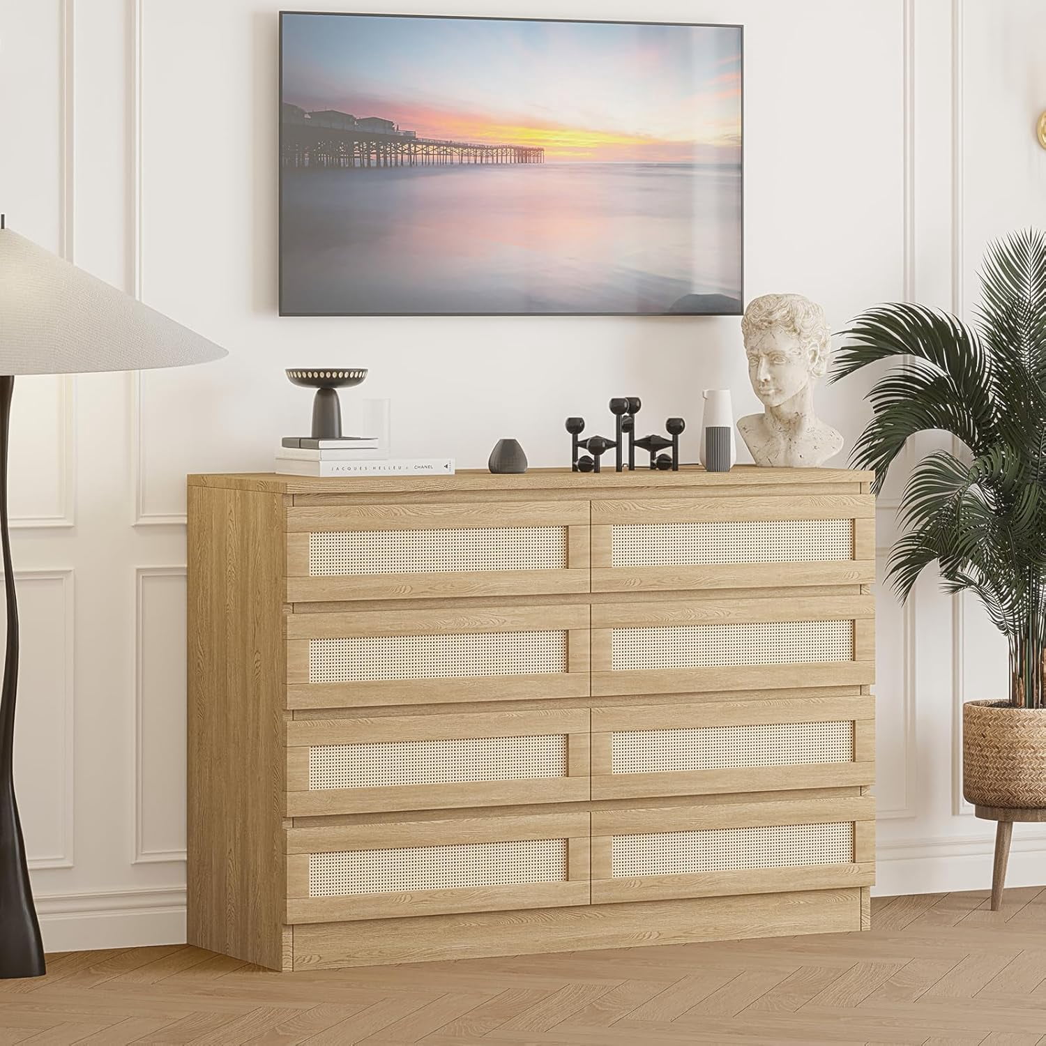Rattan Dresser for Bedroom, 8 Drawer Dressers & Chests of Drawers, Modern Wood Dresser for Closet, TV Stand, Nursery, Living Room, Hallway, Entryway, Natural