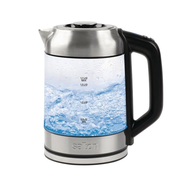 Salton Temperature Control Kettle & Tea Steeper 1.7L, 1500W electric kettle with stainless steel body and black handle, displaying boiling water with volume markings from 0.5 to 1.7 liters, 360-degree swivel base, LED temperature indicator, and integrated tea infuser for precise steeping.