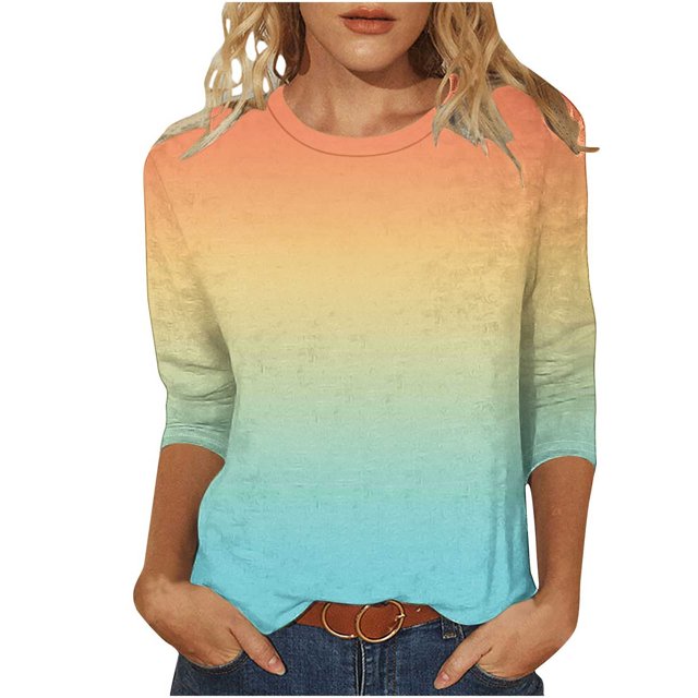VSSSJ Hauts à Manches 3/4 pour Femmes Décontractés Tendance à Imprimé Dégradé Manches Raglan Col Ras du Cou Coupe Décontractée Tunique T-Shirt Respirant Jaune TTG