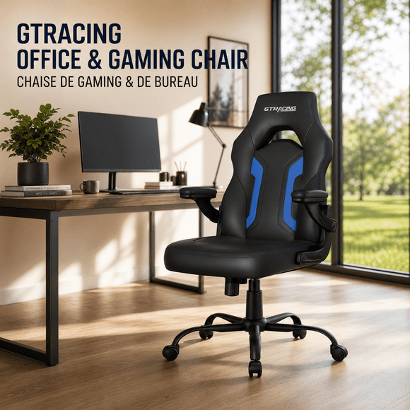 GTRACING Ergonomic  Gaming Computer Desk Chair with Flip-Up Armrests and Padded Soft Cover, Blue