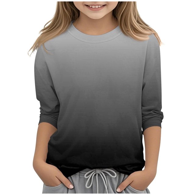 2025 Chemises à Manches 3/4 pour Filles Mode Couleur Unie Col Rond Hauts Chemises Décontractées Noir