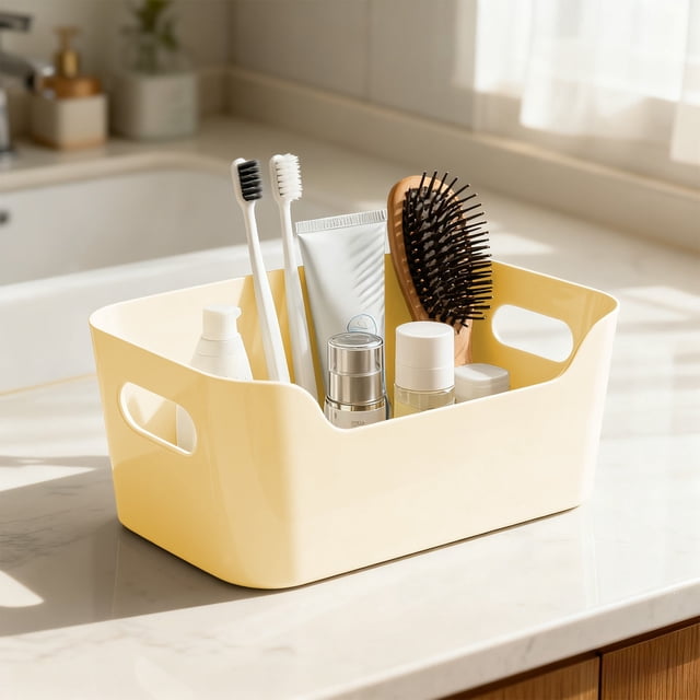 pstuiky Storage Box Kitchen Organizer & Pantry Bin for Snacks, Utensils & Spices Reusable Plastic Container with Handle, Beige