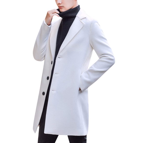 Springrain Mens Notched Lapel Single breasted Long Pea coat Trench coat (White Medium)