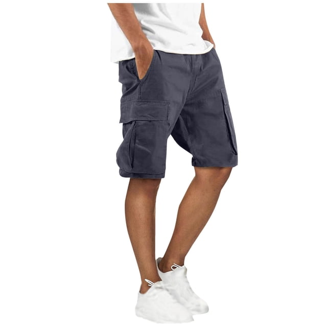 Styesk Mens Shorts Man Solid-Color Loose Casual Multi-Pocket Drawstring Workwear Half Shorts Pants