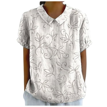 Chemise en Lin Élégante à Col Rond Imprimée Vintage Décontractée T-Shirt Compression Manches Mi-Longues pour Femmes