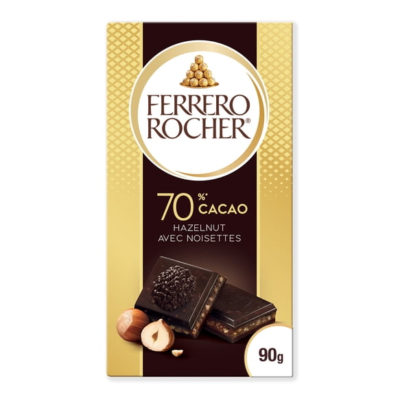 FERRERO ROCHER Premium Chocolate Bar, 70% Cacao Dark Chocolate with Hazelnut, 90g