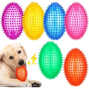 HAHADAXA 6 Pcs 4.5'' Spiky Squeaker Football Dog Toy for Medium Large Dogs Toys Spikey Heavy Duty Rubber Chew Toys for Aggressive Chewers Spiky Ball Fetch Toys for Training Clean Teeth Outdoo