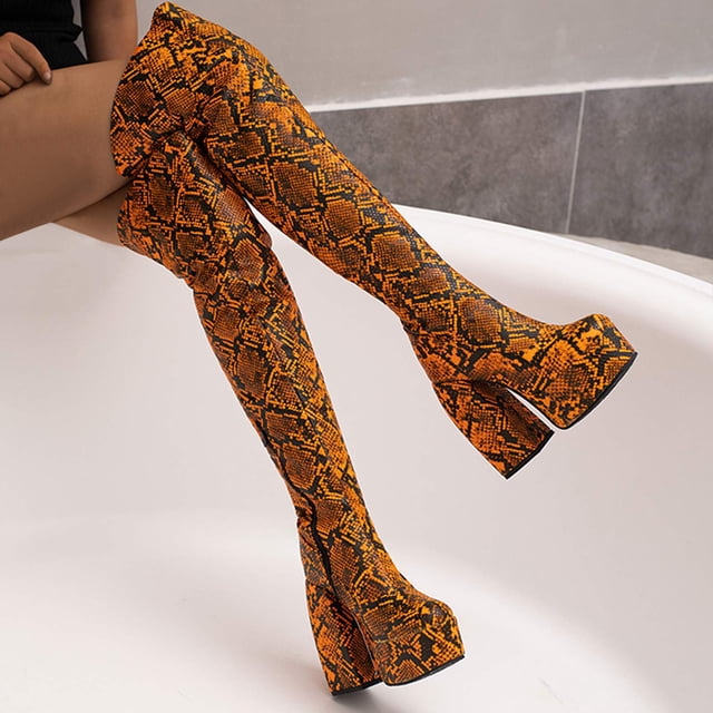 Cameland Bottes Cuissardes d'Hiver pour Femmes à Plateforme Serpentine Patchwork à Talon Ultra Haut