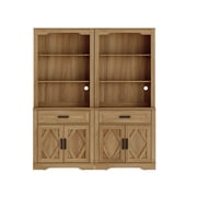 WAMPAT 5-Tier Bookcase with Doors & Drawers, 73.3" Tall Farmhouse Bookshelf, 3 Open Shelves, for Bedroom, Living Room, Office, Retro Oak