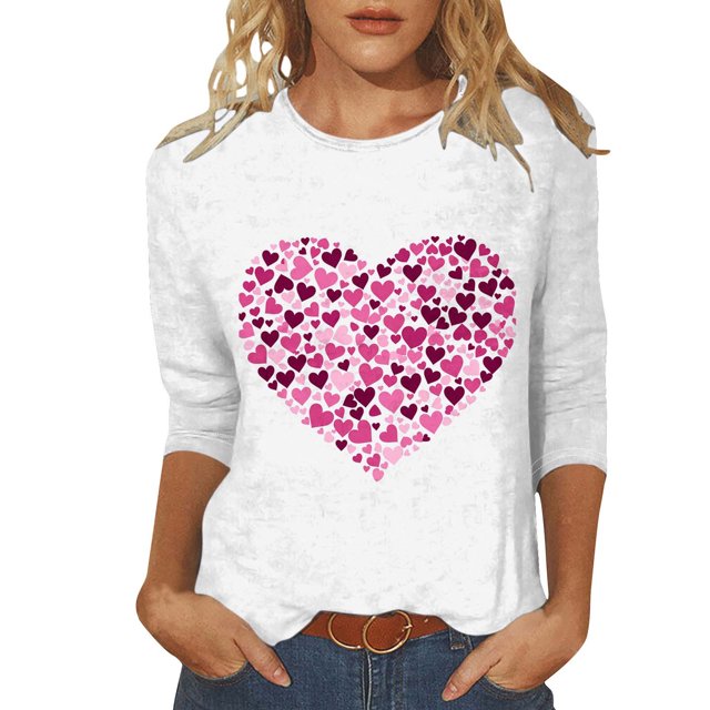 Penkiiy Chemises de la Saint-Valentin pour Femmes Décontractées Manches 3/4 Col Rond Blouses Imprimé Mignon Tuniques Tops 2025 S Multicolore