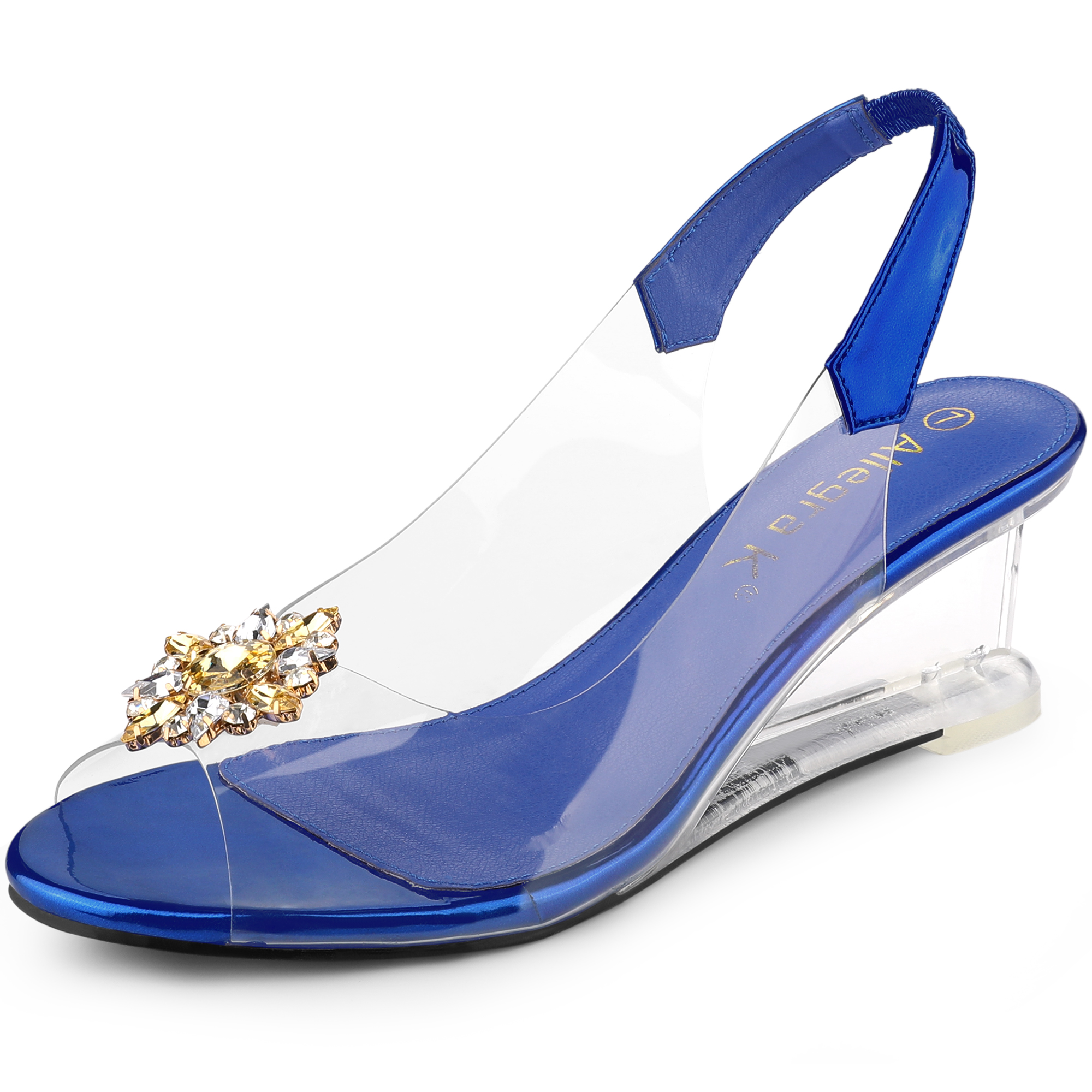 BLISSFUL STEP Chaussures pour Femmes Talons Compensés Transparents à Strass Bout Ouvert Slingback Chaussures Transparentes Bleu 8