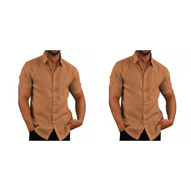 pitrice Chemise Homme à Simple Boutonnage Été Boutonnée Col Rabattu Chemises Polyester Mode Vêtements Cadeau d'Anniversaire Marron TTTG 2Set