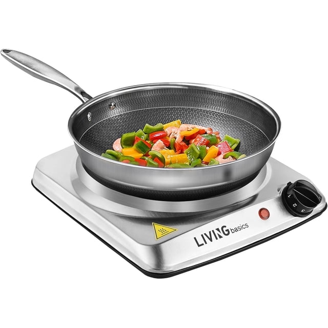 LIVINGbasics Countertop Hot Plates Single Burner, 1000W Electric Stove with 5 Level Temperature Control in silver. Portable and compact, featuring a 7.28-inch cast-iron heating plate with a stainless steel body, control knob, and indicator light. A frying pan with colorful vegetables is placed on the burner, ideal for small spaces or camping.