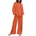thumbnail image 2 of EGNMCR Women 2 Piece Linen Outfits Solid Color Long Sleeve Suit Drawstring Wide Leg Pants with Pockets Womens Lounge Sets, 2 of 7